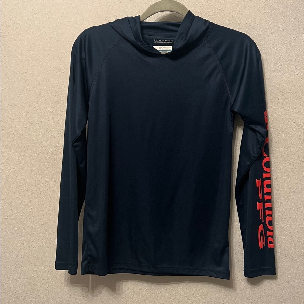 Boys Columbia PFG Dark Blue Hoodie with Bold Red Sleeve Logo | Size L (14/16)